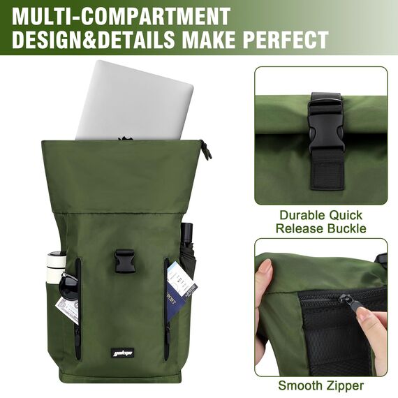 YOKGO Rucksack Damen & Herren, Rolltop Rucksack Wasserfest LaptopRucksack Schulrucksack mit 15,6" Laptopfach, Freizeitrucksack Backpack Daypack für Uni Schule Business Arbeit City Freizeit Reise