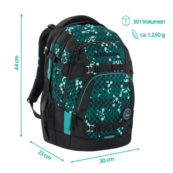 coocazoo Schulrucksack Mate „Pixel Blox”, schwarz-grün, ergonomischer & anpassbarer Tornister, höhen- & größenverstellbar, mit Brustgurt & Hüftgurt, ab der 3. Klasse