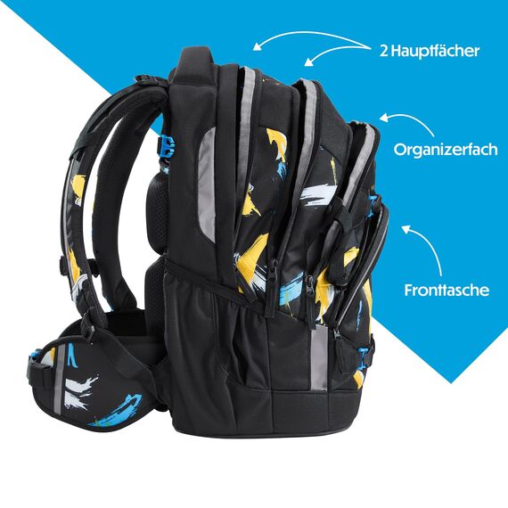 coocazoo Schulrucksack Mate „Crazy Artnight”, schwarz-blau, ergonomischer & anpassbarer Tornister, höhen- & größenverstellbar, mit Brustgurt & Hüftgurt, ab der 3. Klasse
