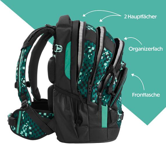 coocazoo Schulrucksack Mate „Pixel Blox”, schwarz-grün, ergonomischer & anpassbarer Tornister, höhen- & größenverstellbar, mit Brustgurt & Hüftgurt, ab der 3. Klasse