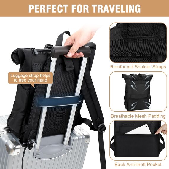 YOKGO Rucksack Damen & Herren, Rolltop Rucksack Wasserfest LaptopRucksack Schulrucksack mit 15,6" Laptopfach, Freizeitrucksack Backpack Daypack für Uni Schule Business Arbeit City Freizeit Reise