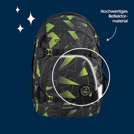 coocazoo Schulrucksack Mate „Lime Flash”, schwarz-grün, ergonomischer & anpassbarer Tornister, höhen- & größenverstellbar, mit Brustgurt & Hüftgurt, ab der 3. Klasse