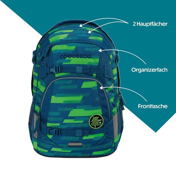 coocazoo Schulrucksack Mate „Lime Stripe”, blau-grün, ergonomischer & anpassbarer Tornister, höhen- & größenverstellbar, mit Brustgurt & Hüftgurt, ab der 3. Klasse