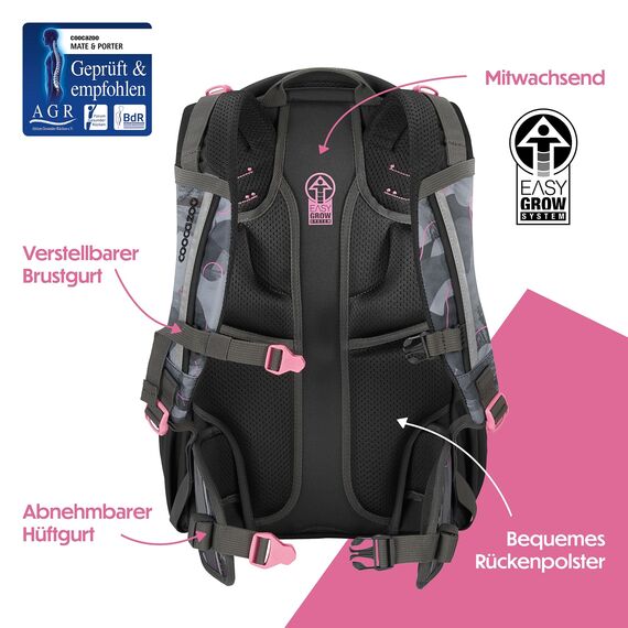 coocazoo Schulrucksack Mate „Bubble Brush”, grau-rosa, ergonomischer & anpassbarer Tornister, höhen- & größenverstellbar, mit Brustgurt & Hüftgurt, ab der 3. Klasse