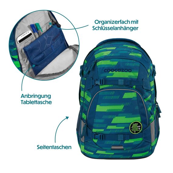 coocazoo Schulrucksack Mate „Lime Stripe”, blau-grün, ergonomischer & anpassbarer Tornister, höhen- & größenverstellbar, mit Brustgurt & Hüftgurt, ab der 3. Klasse