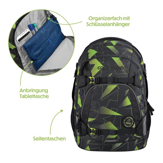 coocazoo Schulrucksack Mate „Lime Flash”, schwarz-grün, ergonomischer & anpassbarer Tornister, höhen- & größenverstellbar, mit Brustgurt & Hüftgurt, ab der 3. Klasse