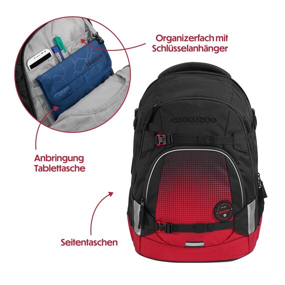 coocazoo Schulrucksack Mate „Blazing Fire”, schwarz-rot, ergonomischer & anpassbarer Tornister, höhen- & größenverstellbar, mit Brustgurt & Hüftgurt, ab der 3. Klasse