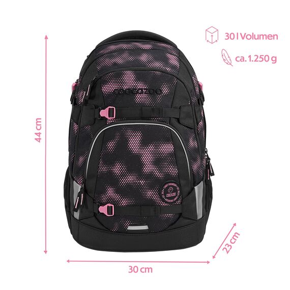 coocazoo Schulrucksack Mate „Pink Illusion”, schwarz-pink, ergonomischer & anpassbarer Tornister, höhen- & größenverstellbar, mit Brustgurt & Hüftgurt, ab der 3. Klasse