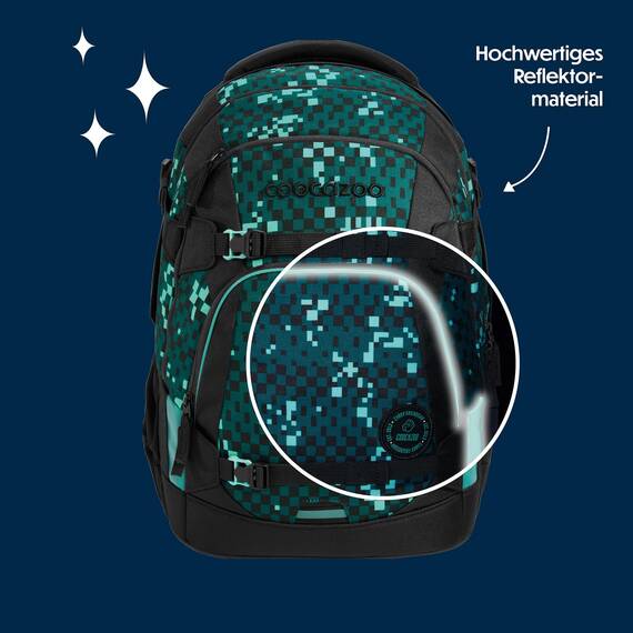 coocazoo Schulrucksack Mate „Pixel Blox”, schwarz-grün, ergonomischer & anpassbarer Tornister, höhen- & größenverstellbar, mit Brustgurt & Hüftgurt, ab der 3. Klasse