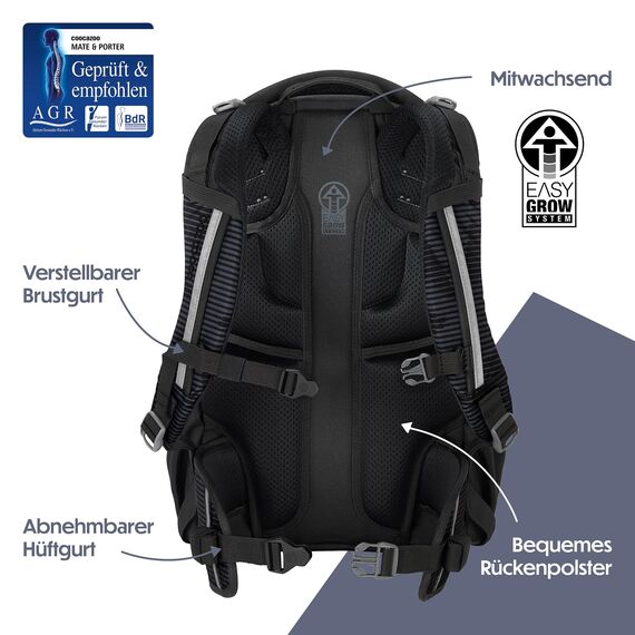 coocazoo Schulrucksack Mate „Dark Mission”, schwarz-grau, ergonomischer & anpassbarer Tornister, höhen- & größenverstellbar, mit Brustgurt & Hüftgurt, ab der 3. Klasse