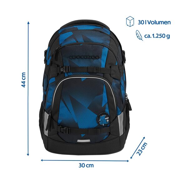 coocazoo Schulrucksack Mate „Electric Ice”, schwarz-blau, ergonomischer & anpassbarer Tornister, höhen- & größenverstellbar, mit Brustgurt & Hüftgurt, ab der 3. Klasse