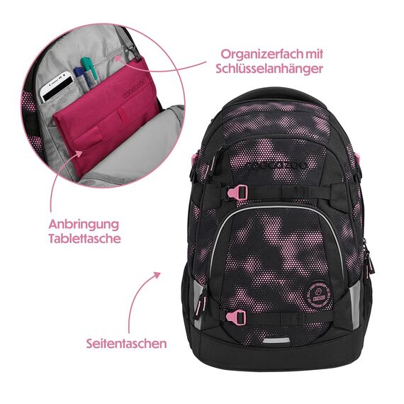coocazoo Schulrucksack Mate „Pink Illusion”, schwarz-pink, ergonomischer & anpassbarer Tornister, höhen- & größenverstellbar, mit Brustgurt & Hüftgurt, ab der 3. Klasse