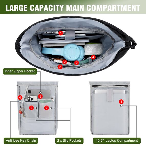 YOKGO Rucksack Damen & Herren, Rolltop Rucksack Wasserfest LaptopRucksack Schulrucksack mit 15,6" Laptopfach, Freizeitrucksack Backpack Daypack für Uni Schule Business Arbeit City Freizeit Reise