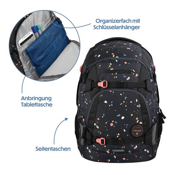 coocazoo Schulrucksack Mate „Sprinkled Candy”, schwarz-rosa, ergonomischer & anpassbarer Tornister, höhen- & größenverstellbar, mit Brustgurt & Hüftgurt, ab der 3. Klasse