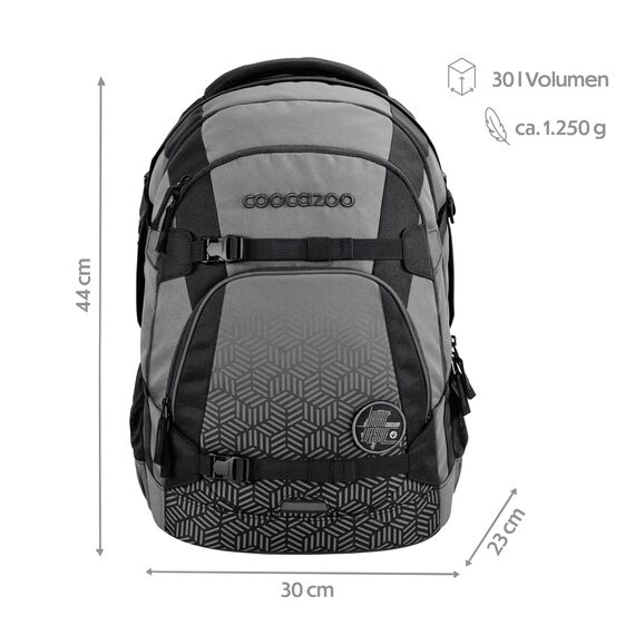 coocazoo Schulrucksack Mate „Black Carbon”, schwarz-grau, ergonomischer & anpassbarer Tornister, höhen- & größenverstellbar, mit Brustgurt & Hüftgurt, ab der 3. Klasse