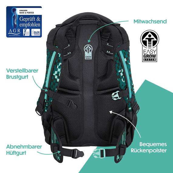 coocazoo Schulrucksack Mate „Pixel Blox”, schwarz-grün, ergonomischer & anpassbarer Tornister, höhen- & größenverstellbar, mit Brustgurt & Hüftgurt, ab der 3. Klasse