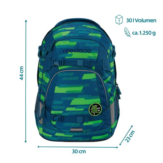 coocazoo Schulrucksack Mate „Lime Stripe”, blau-grün, ergonomischer & anpassbarer Tornister, höhen- & größenverstellbar, mit Brustgurt & Hüftgurt, ab der 3. Klasse