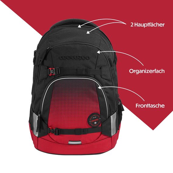 coocazoo Schulrucksack Mate „Blazing Fire”, schwarz-rot, ergonomischer & anpassbarer Tornister, höhen- & größenverstellbar, mit Brustgurt & Hüftgurt, ab der 3. Klasse
