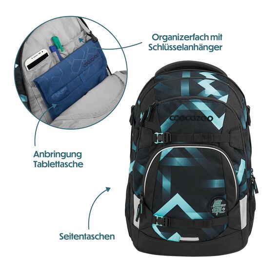 coocazoo Schulrucksack Mate „Laser Lights”, schwarz-türkis, ergonomischer & anpassbarer Tornister, höhen- & größenverstellbar, mit Brustgurt & Hüftgurt, ab der 3. Klasse