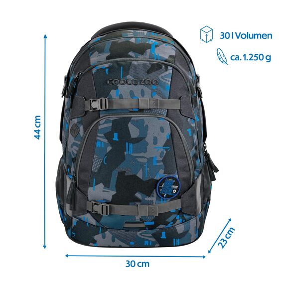 coocazoo Schulrucksack Mate „Blue Craft”,schwarz-blau, ergonomischer & anpassbarer Tornister, höhen- & größenverstellbar, mit Brustgurt & Hüftgurt, ab der 3. Klasse