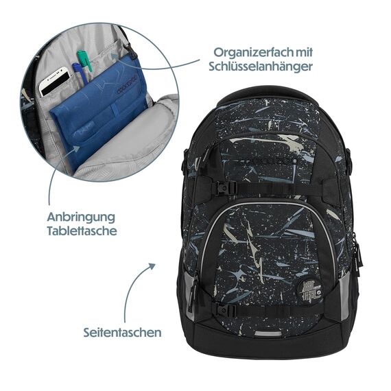 coocazoo Schulrucksack Mate „Reflective Splash”,schwarz-grau, reflektierend, ergonomischer & anpassbarer Tornister, höhen- & größenverstellbar, mit Brustgurt & Hüftgurt, ab der 3. Klasse
