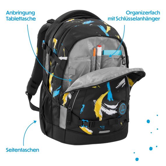 coocazoo Schulrucksack Mate „Crazy Artnight”, schwarz-blau, ergonomischer & anpassbarer Tornister, höhen- & größenverstellbar, mit Brustgurt & Hüftgurt, ab der 3. Klasse