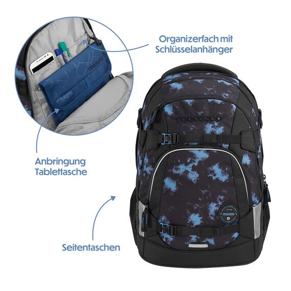 coocazoo Schulrucksack Mate „Midnight Dust”, schwarz-blau, ergonomischer & anpassbarer Tornister, höhen- & größenverstellbar, mit Brustgurt & Hüftgurt, ab der 3. Klasse