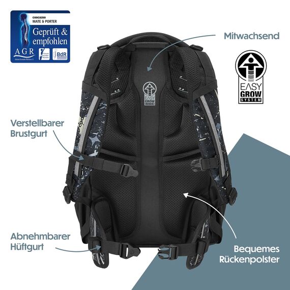 coocazoo Schulrucksack Mate „Reflective Splash”,schwarz-grau, reflektierend, ergonomischer & anpassbarer Tornister, höhen- & größenverstellbar, mit Brustgurt & Hüftgurt, ab der 3. Klasse