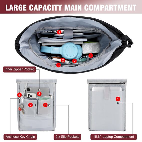 YOKGO Rucksack Damen & Herren, Rolltop Rucksack Wasserfest LaptopRucksack Schulrucksack mit 15,6" Laptopfach, Freizeitrucksack Backpack Daypack für Uni Schule Business Arbeit City Freizeit Reise