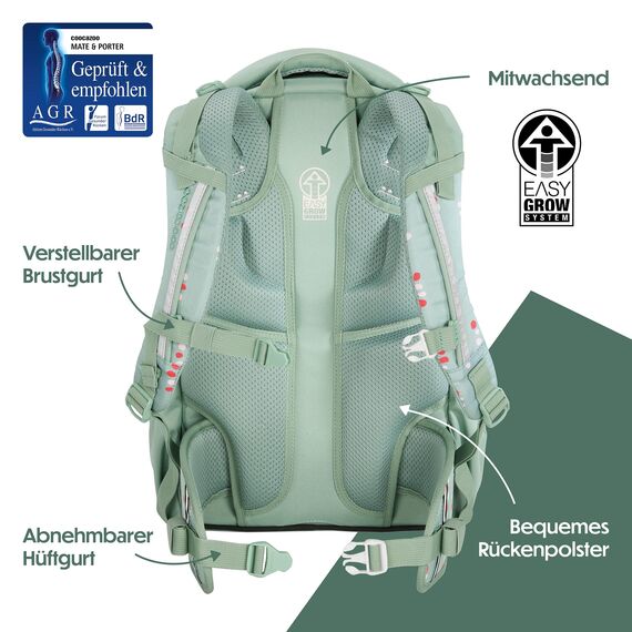 coocazoo Schulrucksack Mate „Dancing Dots”, Mint, ergonomischer & anpassbarer Tornister, höhen- & größenverstellbar, mit Brustgurt & Hüftgurt, ab der 3. Klasse
