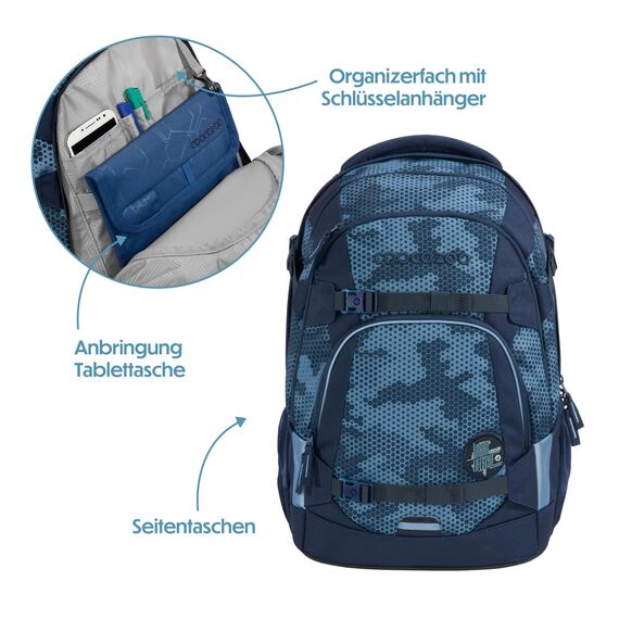 coocazoo Schulrucksack Mate „Geometric Sky”, grau-blau, ergonomischer & anpassbarer Tornister, höhen- & größenverstellbar, mit Brustgurt & Hüftgurt, ab der 3. Klasse