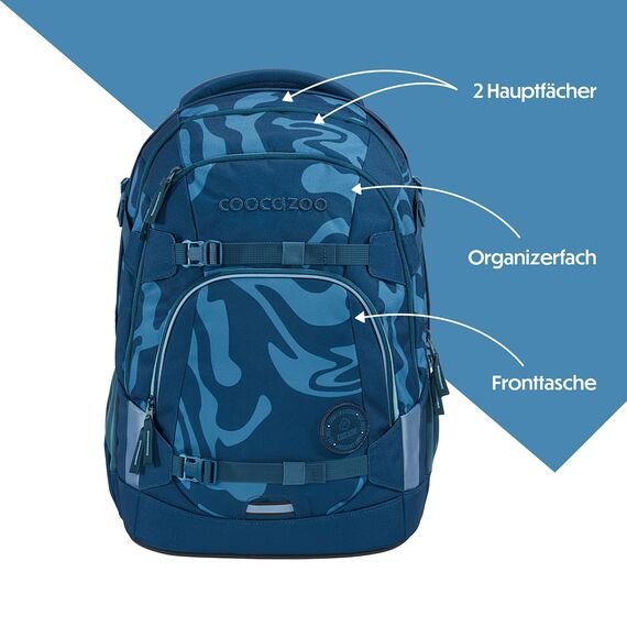 coocazoo Schulrucksack Mate „Breaking Waves”, blau, ergonomischer & anpassbarer Tornister, höhen- & größenverstellbar, mit Brustgurt & Hüftgurt, ab der 3. Klasse