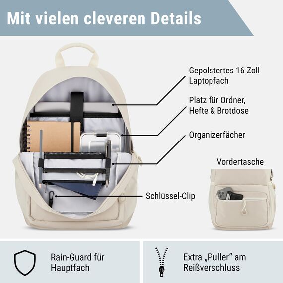 AUDETIC Schulrucksack Mädchen und Jungen Teenager Beige - Flex - Rucksack Damen & Herren mit 16 Zoll Laptop Fach für Schule & Freizeit - Wasserabweisend