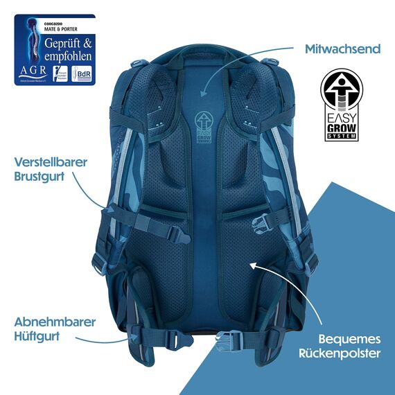coocazoo Schulrucksack Mate „Breaking Waves”, blau, ergonomischer & anpassbarer Tornister, höhen- & größenverstellbar, mit Brustgurt & Hüftgurt, ab der 3. Klasse