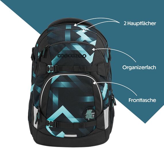 coocazoo Schulrucksack Mate „Laser Lights”, schwarz-türkis, ergonomischer & anpassbarer Tornister, höhen- & größenverstellbar, mit Brustgurt & Hüftgurt, ab der 3. Klasse