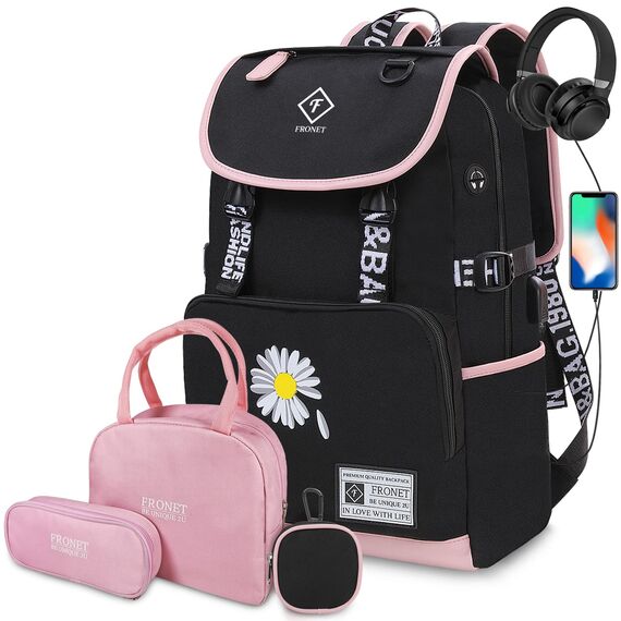Schulrucksack Mädchen Teenager Schulranzen Laptop Rucksäcke Damen Daypack Kinderrucksack für Schule Kinder Jungen Groß Schultaschen-Set Federmäppchen 3 5-8 Klasse 9-17 Jahre Tasche Wasserdicht Rosa