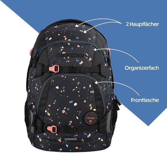 coocazoo Schulrucksack Mate „Sprinkled Candy”, schwarz-rosa, ergonomischer & anpassbarer Tornister, höhen- & größenverstellbar, mit Brustgurt & Hüftgurt, ab der 3. Klasse