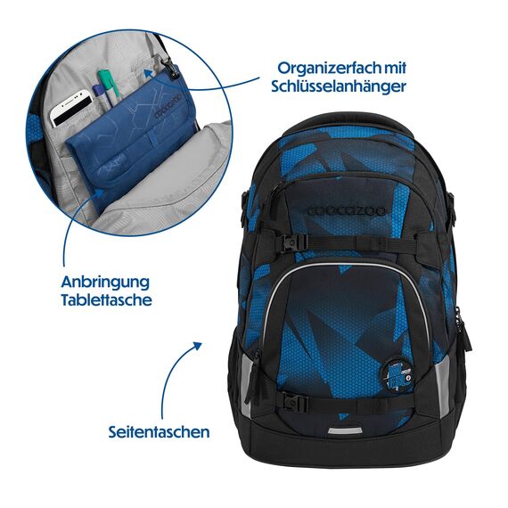 coocazoo Schulrucksack Mate „Electric Ice”, schwarz-blau, ergonomischer & anpassbarer Tornister, höhen- & größenverstellbar, mit Brustgurt & Hüftgurt, ab der 3. Klasse