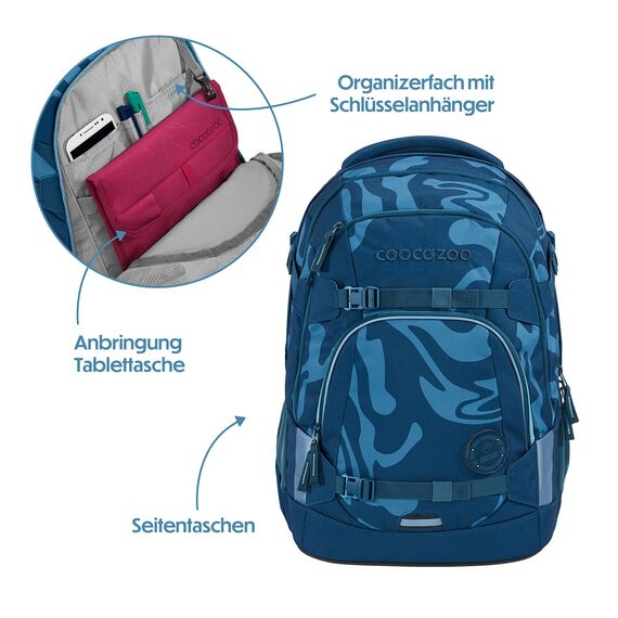 coocazoo Schulrucksack Mate „Breaking Waves”, blau, ergonomischer & anpassbarer Tornister, höhen- & größenverstellbar, mit Brustgurt & Hüftgurt, ab der 3. Klasse