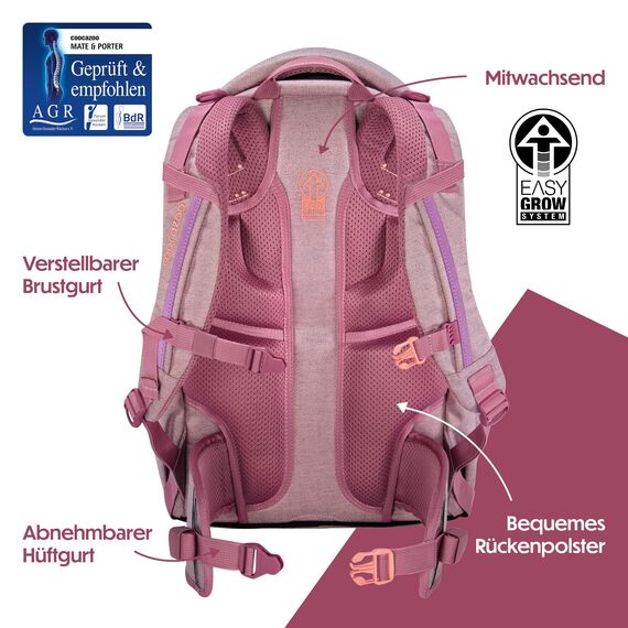coocazoo Schulrucksack Mate „Mixed Faded Rose”, rosa, ergonomischer & anpassbarer Tornister, höhen- & größenverstellbar, mit Brustgurt & Hüftgurt, ab der 3. Klasse