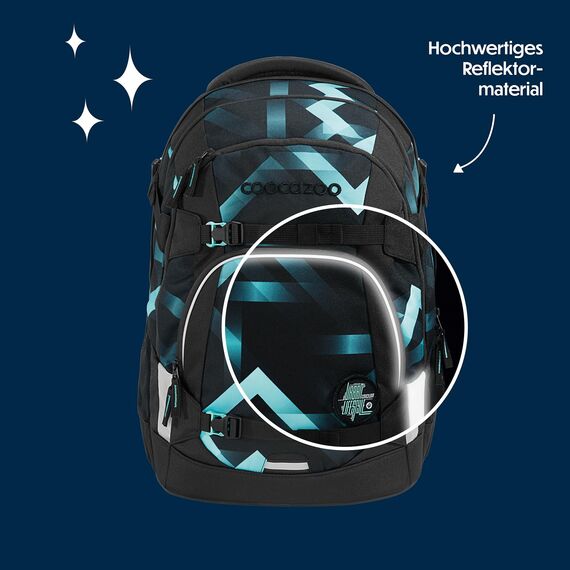 coocazoo Schulrucksack Mate „Laser Lights”, schwarz-türkis, ergonomischer & anpassbarer Tornister, höhen- & größenverstellbar, mit Brustgurt & Hüftgurt, ab der 3. Klasse