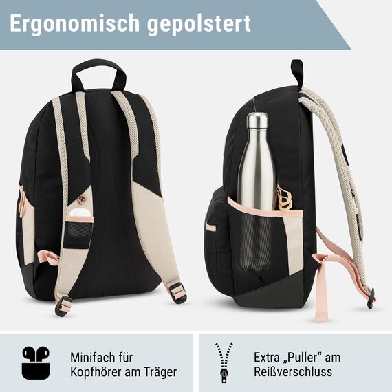 AUDETIC Schulrucksack Mädchen und Jungen Teenager Schwarz Rosa - Flex - Rucksack Damen & Herren mit 16 Zoll Laptop Fach für Schule & Freizeit - Wasserabweisend