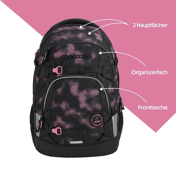 coocazoo Schulrucksack Mate „Pink Illusion”, schwarz-pink, ergonomischer & anpassbarer Tornister, höhen- & größenverstellbar, mit Brustgurt & Hüftgurt, ab der 3. Klasse
