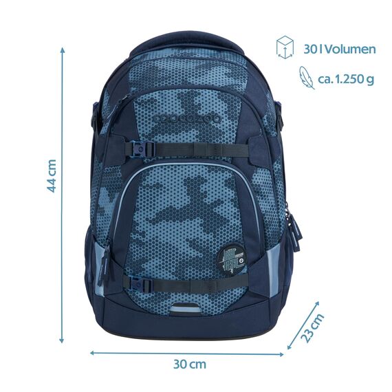 coocazoo Schulrucksack Mate „Geometric Sky”, grau-blau, ergonomischer & anpassbarer Tornister, höhen- & größenverstellbar, mit Brustgurt & Hüftgurt, ab der 3. Klasse