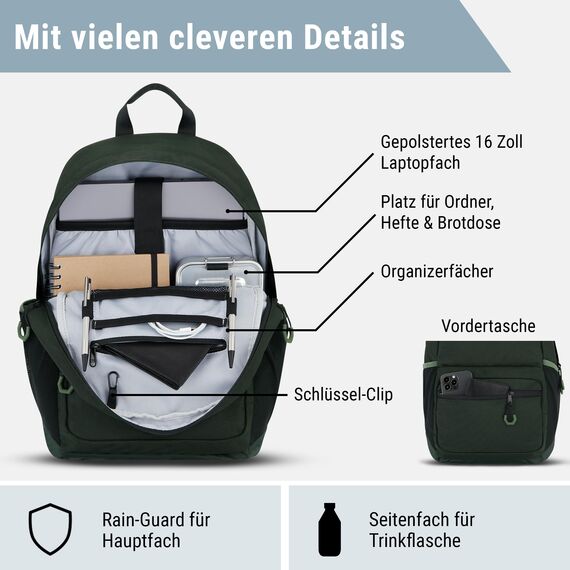 AUDETIC Schulrucksack Mädchen und Jungen Teenager Grün - Flex - Rucksack Damen & Herren mit 16 Zoll Laptop Fach für Schule & Freizeit - Wasserabweisend