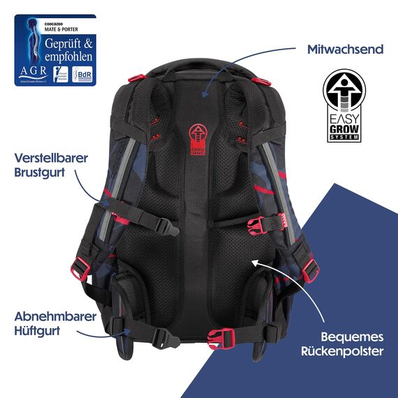 coocazoo Schulrucksack Mate „Lava Lines”, schwarz, ergonomischer & anpassbarer Tornister, höhen- & größenverstellbar, mit Brustgurt & Hüftgurt, ab der 3. Klasse