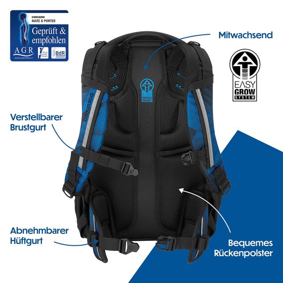 coocazoo Schulrucksack Mate „Electric Ice”, schwarz-blau, ergonomischer & anpassbarer Tornister, höhen- & größenverstellbar, mit Brustgurt & Hüftgurt, ab der 3. Klasse