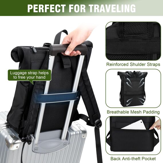 YOKGO Rucksack Damen & Herren, Rolltop Rucksack Wasserfest LaptopRucksack Schulrucksack mit 15,6" Laptopfach, Freizeitrucksack Backpack Daypack für Uni Schule Business Arbeit City Freizeit Reise