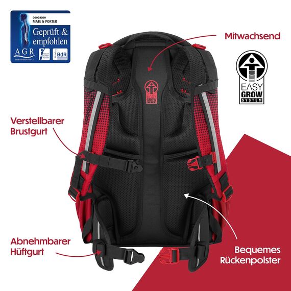 coocazoo Schulrucksack Mate „Blazing Fire”, schwarz-rot, ergonomischer & anpassbarer Tornister, höhen- & größenverstellbar, mit Brustgurt & Hüftgurt, ab der 3. Klasse