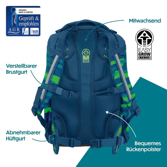coocazoo Schulrucksack Mate „Lime Stripe”, blau-grün, ergonomischer & anpassbarer Tornister, höhen- & größenverstellbar, mit Brustgurt & Hüftgurt, ab der 3. Klasse